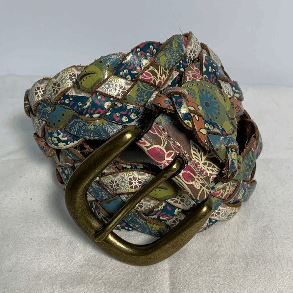 Braided Multicolor Floral Print Women's Belt with Brass Buckle